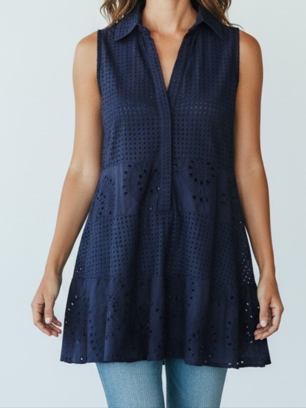 Chelsea & Theodore Navy Sleeveless Eyelet Tunic PS